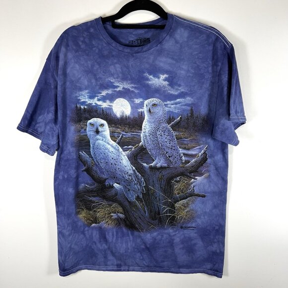 The Mountain T Shirt Men L Owls‎ Forest Moon Print Wilderness Blue Tie Dye VTG - Picture 1 of 6
